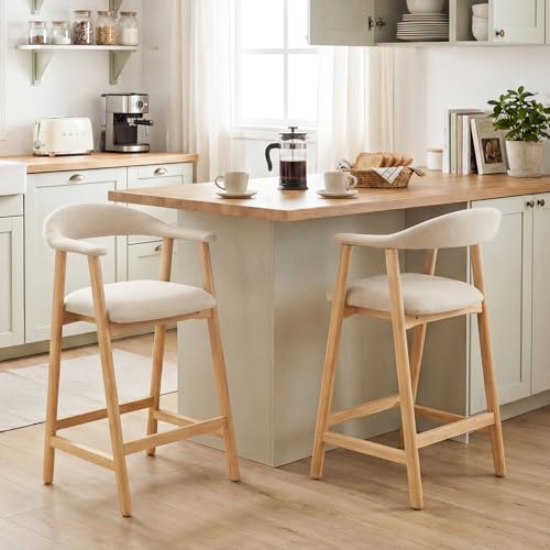 Chaise de Bar Lot de 2 avec Accoudoirs, Tabouret Bar Structure de Chaise en Bois avec Coussins en Tissu, Style Scandinave Moderne (Beige)
