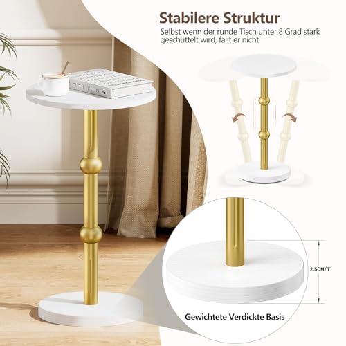 Yuede Runder Beistelltisch, Kleiner rund Cocktailtisch, Couchtisch klein rund, Nachttisch für kleine Räume, Sofatisch für Wohnzimmer, Schlafzimmer, Einfache Montage (Weiß) – Bild 6