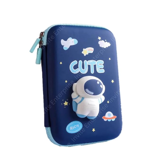Image of Invite Enterprise 3D Polyester Cartoon Theme Pencil Case - Multipurpose Zipper Pouch for Kids, Girls - Stationery Storage Box (Cute Big) - Blue