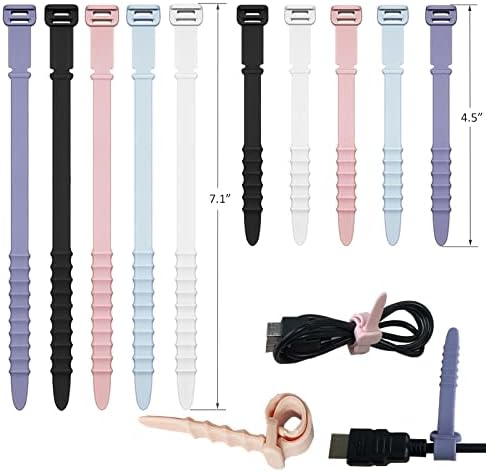 Silicone Zip Ties, Reusable Zip Ties, Rubber Cable Ties Straps for Wire Management, Elastic Silicone Ties Cable Organizer for Home Office, Multicolor Cord Ties in Two Sizes 4.5" and 7.1" (5+5 Pcs)