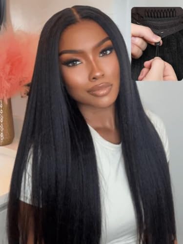 Image of Sunber Yaki Straight Human Hair Wig Drawstring Bye Bye Knots 7x5 Lace 16''