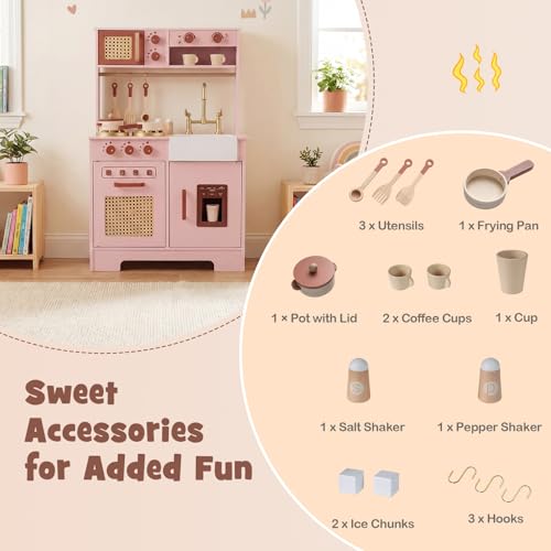 COSTWAY Kids Play Kitchen, Wooden Pretend Toy Kitchen with Realistic Lights & Sounds, Stoves, Sink, Faucet, Oven, Ice Machine, Microwave, Coffee Maker, Children Chef Role Playset for 3+ (Pink) - Image 6
