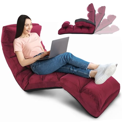 RELAX4LIFE Chaise Paresseuse Rembourré avec Dossier 90°-180°et Oreiller, Fauteuil au Sol Pliable en Surface Suède, Convient au Bureau, Lire, 175 x 55 x...