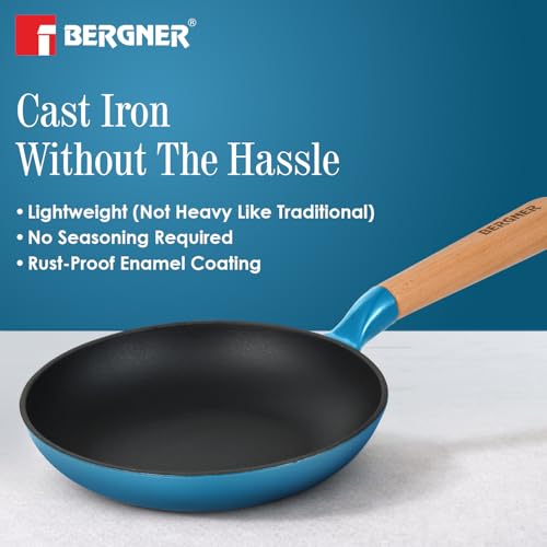 Image of BERGNER Excalibur Lightweight Cast Iron Frypan 24cm, Sturdy Wooden Handle, Non-Stick Coating, PFAS Free, Perfect Heat Distribution, Elegant Design - Induction and Gas Stove Ready (Blue)