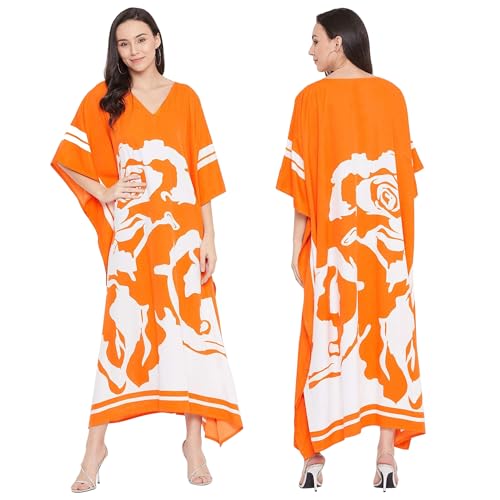 Image of Oussum Women Plus Size Dresses Kimono Caftan Maxi Dress Floral Polyester Long Mumu House Beach Cover Up 1X-3X Summer Wear