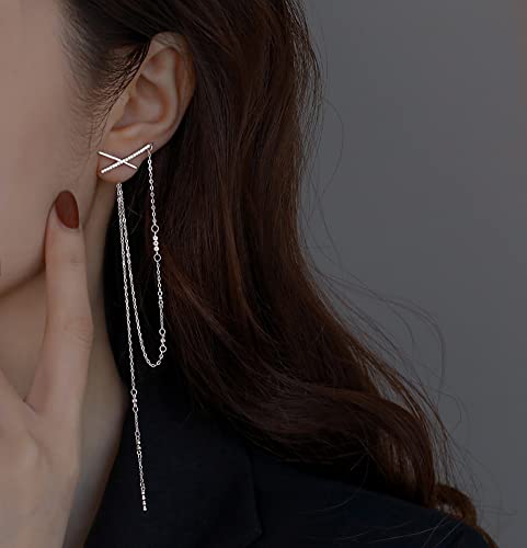 X Stud Earrings with Chain Sterling Silver Dangle Earrings Long Chain for Women Teen Girls (Silver) - Thumbnail 2