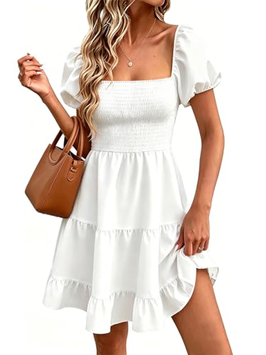 Image of Wenrine Womens Puff Sleeve Babydoll Dress Summer Floral Square Neck Smocked Casual Off Shoulder Ruffle Boho Mini Dresses