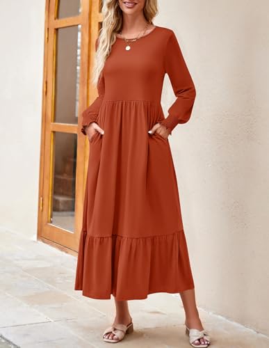 Zesica Women'S 2024 Fall Long Sleeve Dress Crewneck Casual Loose Pleated Tiered Swing Midi Dresses With Pockets,Rust,Small thumb #2