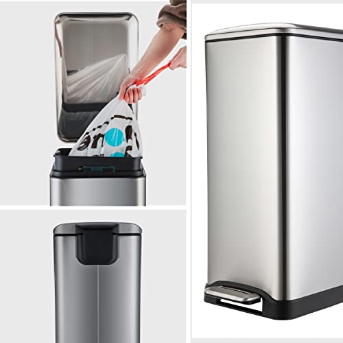 Home Zone Living 13 Gallon Kitchen Trash Can, Dual Removable Liners For Recycling And Trash, Slim Stainless Steel Shape (8 + 5 For 13 Gallon Total) #TOP7