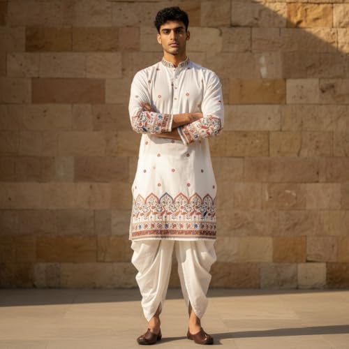 Image of Trustous Men's Pure Cotton Kurta Dhoti Set | Traditional Ethnic Wear for Men | Comfortable Lightweight Kurta with Dhoti | Festive, Wedding, Puja & Traditional Occasion Outfit