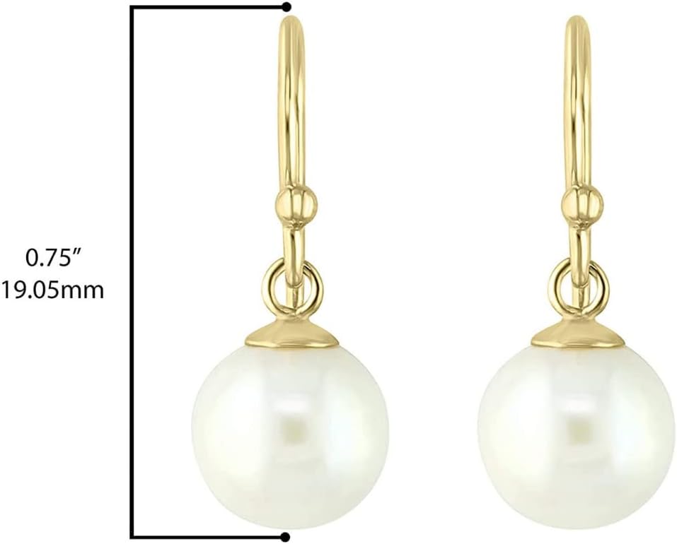 14K White and Yellow Gold AAA 7-7.5mm Round White Akoya Pearl Wire Hook Dangle Style Hook Drop Earrings