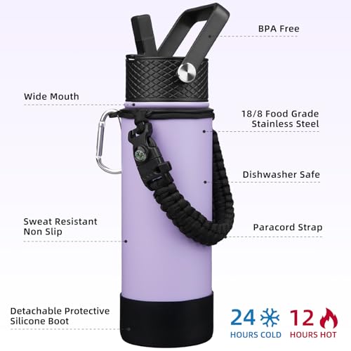 Image of BJPKPK 22oz Insulated Water Bottle with 3 Lids, Straw Lid & Handle
