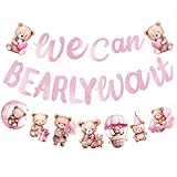 MOTIBACK Babyparty Deko - Herz & Geschenk Teddybär Motiv Banner | Baby Shower Deko & Torten Deko für Jungen & Mädchen | Kuchen Deko & Cake Topper für 1. Geburtstag (Rosa)