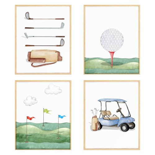 Brrnyoi Golfing Wall Art Posters Set Of 4, Golf Nursery Decor, Cute Golfer Golf Club Course Cart Canvas Prints Wall Decor For Kids Boy Teen Bedroom Dorm Playroom Home, 8X10 Unframed