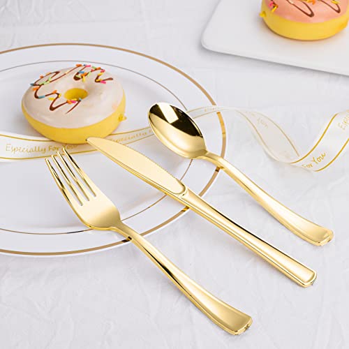 N9R 60PCS Gold Plastic Silverware - Gold Plastic Cutlery Set Disposable Flatware Dinnerware -30 Forks, 15 Spoons, 15 Knives for Party, Thanksgiving, Christmas