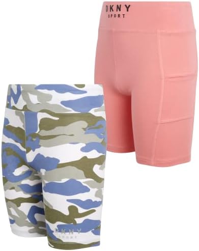 DKNY Girls’ Active Shorts – 2 Pack Performance Bike Shorts – Under Dress Dance and Play Gym Shorts for Girls (7-12), Size 8, Rose/Camo