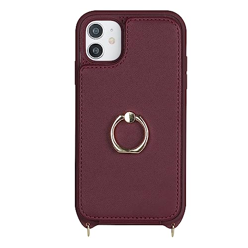 Image of for iPhone 11 Phone Case with Card Holder and Strap for Women,Crossbody Lanyard,RFID Blocking,Kickstand Ring Stand,Snap Clasp,Phone Wallet Cases 6.1 inch(Wine Red)