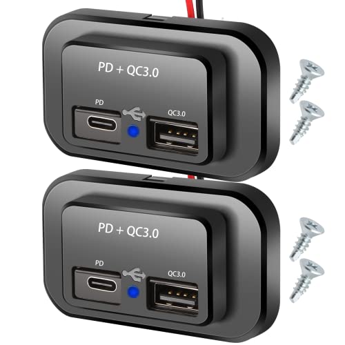 12V USB Outlet 12V Switch Panel with Type C and QC3.0 USB Car Charger Socket Power Outlet, Panel Mount Dual Port 12V 24V Quick Car Charger for Cars Bus ATV RV Boat Truck,2 PCS