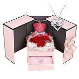 Gifts for Mom Moss Bear with Three Red Roses Preserved Flowers Gift Box, Mom Birthday Gifts from Dau