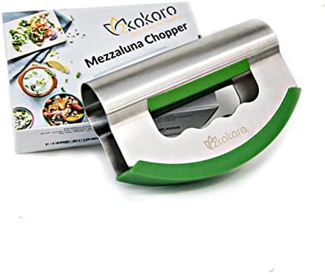 2Kokoro Mezzaluna Salad Chopper Double Blade-Stainless Steel Rocker Knife Chopper w/Protective Cover and Ergonomic Handle for Quick Salad