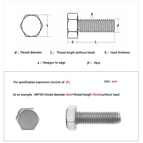 M6 Nuts And Bolts Set,Stainless Steel Hex Bolts Sets With Washers,Longer Machine Screws Assorted,Fully Threaded Bolts For Car,Bike,Furniture,Ship,Construction,Mechanical(40/50/60/70/80mm)(M6) - Image 2