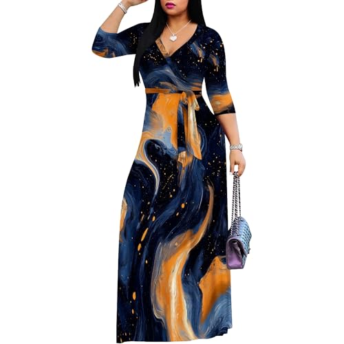 Image of PinkPatty Women's Print Maxi Dresses 3 /4 Sleeve Flowy Long Dress V Neck Wrap Tie Waist Sundress