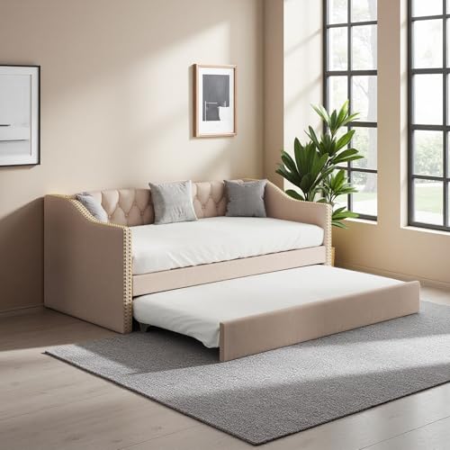 PerGar Sofá Cama de Matrimonio 90/180 x 200 cm, Cama de día Extensible, Cama Individual Multifuncional, Cama De Invitados, Plataforma tapizada con Listones de Madera, Lino, sin colchón, Beige