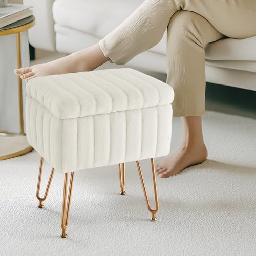 DUMOS Vanity Stool Chair Ottoman with Storage, Makeup Cute Soft Small Footstool Modern Style Faux Fur Seat with 4 Metal Legs & Adjustable Feet for Dressing Living Room Bedroom Dorm by DUMOS - Image 7