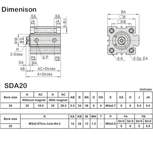 Cilindro neumático compacto SDA20X25 de doble efecto y 20mm de diámetro 2