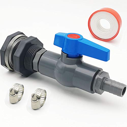 Da by Rain Barrel 3/4\" Bulkhead Fitting with Ball Valve PVC and Garden Hose Adapter Barb(for 5/8\" ID Hose) and Stainless Steel Pipe Clamps and Thread Seal Tape
