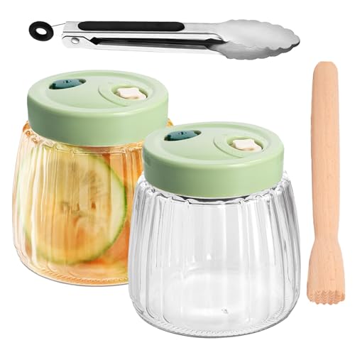 2 Tarros de Fermentación de Vidrio 1L con Doble Válvula, Fermentador Multiusos, con Pinzas y Machacador de Fermentación, Tarros de Conserva, Frascos Herméticos, Recipientes de Fermentación