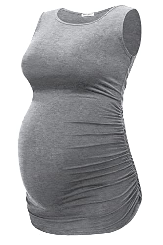 Smallshow Women's Maternity Tank Tops Sleeveless Ruched Pregnancy Clothes Black/Light Grey/White Stripe Medium 3-Pack #TOP5