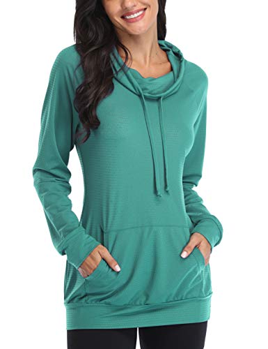 SeSe Code Tunic Sweatshirts for Women, Juniors Tops Fit Flare Flattering Cowl Neck Lightweight Moisture Wicking Female Pullover Shirt with Kangaroos Pockets Dark Cyan Large