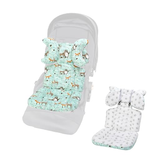 Baby Seat Liner for Stroller-Universal Soft & Breathable Stroller Cushion,Detachable Pillow Car Seat Liner,Cotton Baby Stroller Pad(Green animal+White Starse)