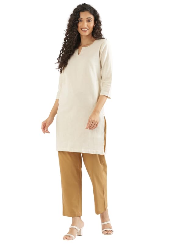 Image of SAADAA Airy Linen Mid Thigh Length Kurta for Women | Stylish Split Neck, 3 /4 Sleeves & Side Pockets | Comfortable Everyday Wear Kurta | Breathable Fabric |