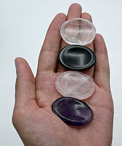 Image of Amazing Gemstone Set of 4 Thumb Worry Rubbing Stone for Anxiety Healing ~ Amethyst, Rose Quartz, Clear Quartz, Black Agate Oval Cabochon Stone ~ Easy to Carry Natural Crystal Pocket Palm Stone