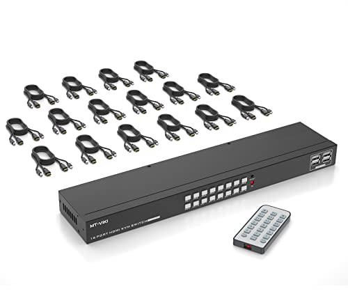 MT-VIKI KVM Switch HDMI 16 Port HDMI Konsole 16 in 1 Out mit IR Fernbedienung 16xKVM Kabel 4 USB-Port 2xRack-Satz 4K30Hz