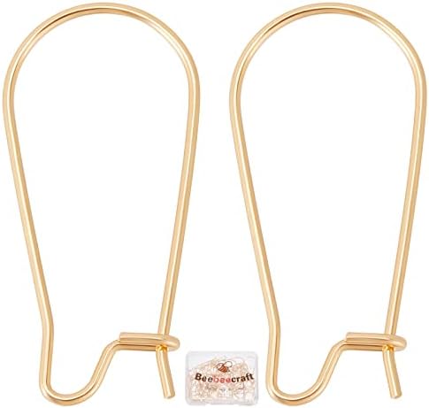 Beebeecraft 50Pcs/Box Kidney Earring Hooks 18K Gold Plated Kidney Ear Wires Earring Hooks 10.5x25mm Dangle Wire for Jewellery Making