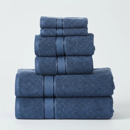 SENSES by Riba Textured Rice Weave Cotton Towels Set (6 Pieces, 550 GSM, Navy) | Bath Towel Combo - 2 Bath, 2 Hand & 2 Wash Towels | Antimicrobial, Soft, Absorbent Ideal for Daily Use & Gifting