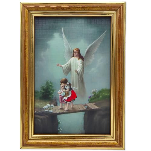 Lunexus Cuadro de 12 x 17 cm con marco de madera y cristal auténtico, bendito católico, diseño de ángel guardián dos niños en el puente, para bautismo, nacimiento, comunión, habitación infantil