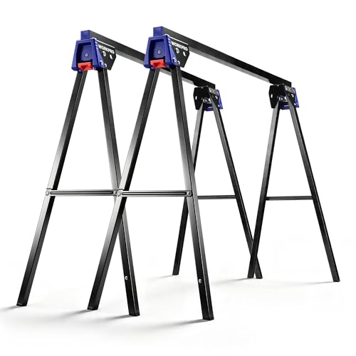 WORKPRO Folding Saw Horses 2 Pack Heavy Duty Metal Sawhorse Supports 1800 lbs per Pair Portable Foldable Work Stand with Lock & Carry Design for Woodworking Garage Workshop & Jobsite