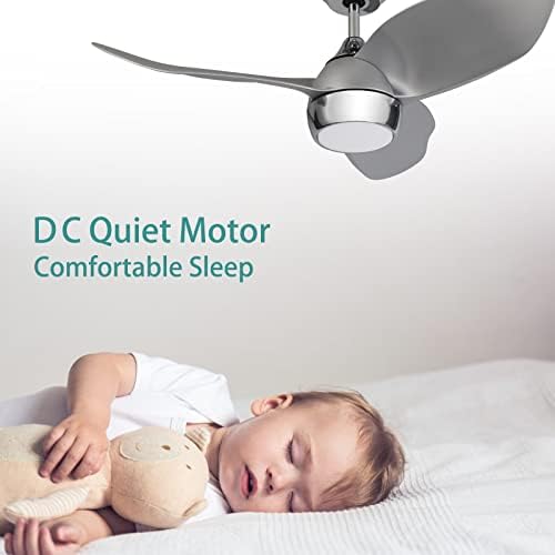 Ovlaim 36 Inch Modern Ceiling Fan with LED Lights and Remote Control, Silent DC Motor Fans with 6 Speed 3 Blades 3 Color Changeable Light for Home Bedroom Living Room - Silver