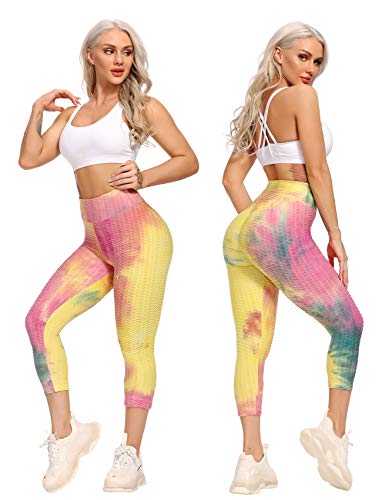 Seasum Women High Waisted Yoga Pants Workout Scrunch Butt Lifting Capri Leggings Tie Dye Anti Cellulite Textured Tights M #TOP1