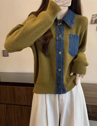 Image of Womens Sweaters Patchwork Denim Sweater Cardigan Long Sleeve Chunky Knit Cardigans Fall Cardigan