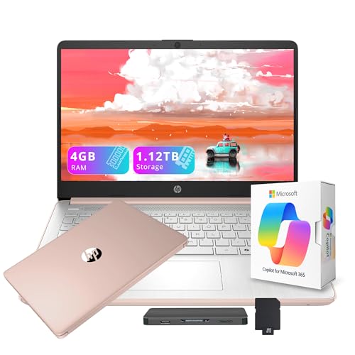 HP Stream 14" HD Laptop with AI Copilot for Students & Business, 13th Gen Intel 4-Core, 4GB RAM, 1.12TB Storage (128GB UFS + 1TB Docking Station), 1-Year Office 365, Wi-Fi 6, Windows 11, Rose Gold