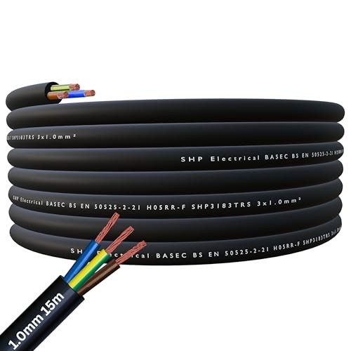 SHPELEC® H05RR-F 3 Core Flexible Rubber Cable - Premium Electrical Wire for Indoor and Outdoor Use - 1.0mm, 1.5mm, 2.5mm 5m, 10m, 20m (1.0mm 15m)