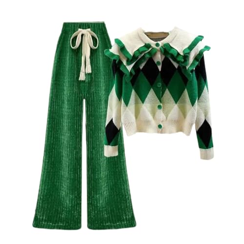 Women's Winter Plaid Sweater Cardigan Wide Leg Pants Fall Casual