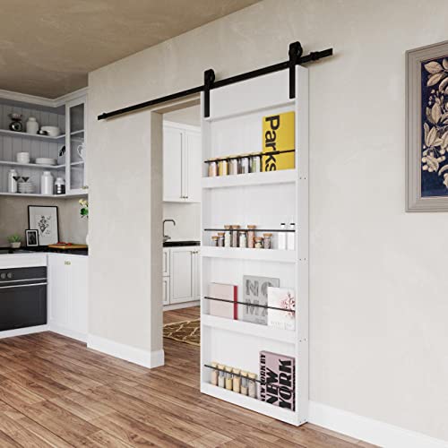 Barner Home 36In X 84In Sliding Barn Door, Shelf Style, Made Of Primed Mdf, With 6.6 Ft Hardware, Handle And Floor Guide #TOP5