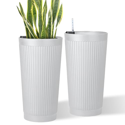 PolarcoForgeco 24in Tall Self-Watering Planters Set of 2 - White Flower Pots with Water...