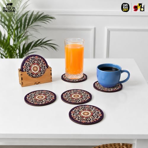 Image of GKD Flower Coasters Wooden Tea & Coffee Coaster Set of 6 with Stand | Heat & Water Resistant Table Coaster for Cups, Mugs & Glasses (Dark Floral)